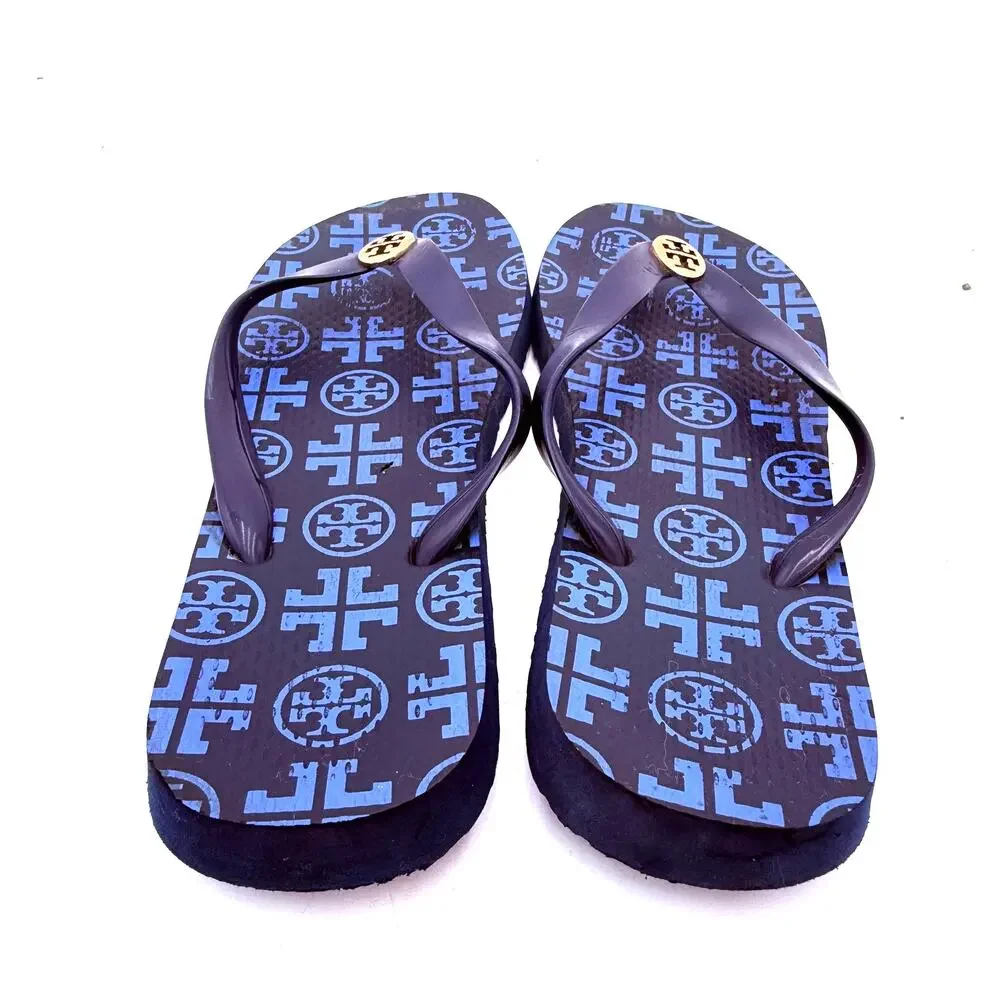 Tory Burch Navy Blue & Gold New Traveler Emblem Thong Flip Flops Sandals Size 9